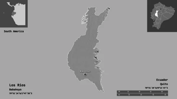 厄瓜多尔省洛斯里奥斯的形状及其首都 距离刻度 预览和标签 Bilevel高程图 3D渲染 — 图库照片