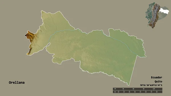 厄瓜多尔Orellana省的形状 其首都在坚实的背景下与世隔绝 距离尺度 区域预览和标签 地形浮雕图 3D渲染 — 图库照片