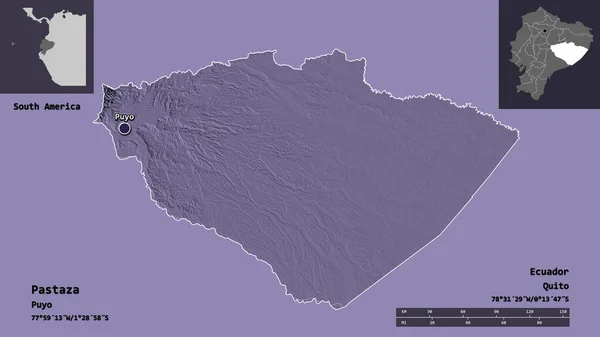 エクアドルのパスタサ州とその首都の形 距離スケール プレビューおよびラベル 色の標高マップ 3Dレンダリング — ストック写真