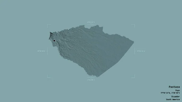 厄瓜多尔省帕斯塔萨地区 以坚实的背景隔离在一个地理参考方块中 彩色高程图 3D渲染 — 图库照片
