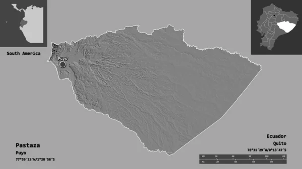 エクアドルのパスタサ州とその首都の形 距離スケール プレビューおよびラベル 標高マップ 3Dレンダリング — ストック写真