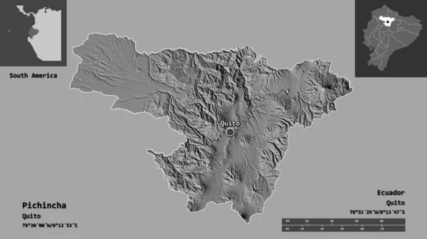 厄瓜多尔皮钦查省的形状及其首府 距离刻度 预览和标签 Bilevel高程图 3D渲染 — 图库照片