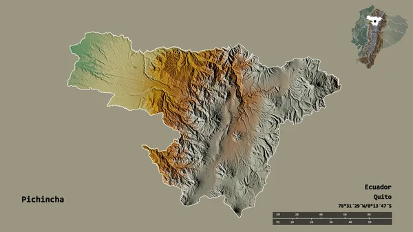 皮钦查的形状 厄瓜多尔省 其首都孤立的坚实的背景 距离尺度 区域预览和标签 地形浮雕图 3D渲染 — 图库照片