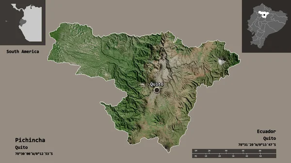 Pichincha Alakja Ecuador Tartomány Fővárosa Távolsági Skála Előnézet Címkék Műholdas — Stock Fotó