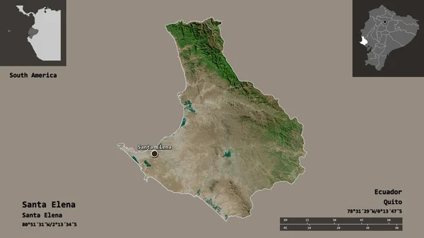 エクアドルのサンタ エレナ州とその首都の形 距離スケール プレビューおよびラベル 衛星画像 3Dレンダリング — ストック写真