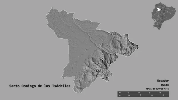 厄瓜多尔省圣多明戈德洛斯查奇拉斯的形状 其首都在坚实的背景下与世隔绝 距离尺度 区域预览和标签 Bilevel高程图 3D渲染 — 图库照片