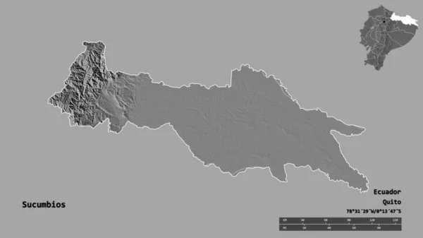 厄瓜多尔的苏昆比奥斯省的形状 其首都在坚实的背景下与世隔绝 距离尺度 区域预览和标签 Bilevel高程图 3D渲染 — 图库照片