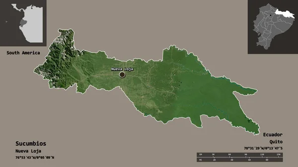 エクアドルの州であるスクンビオスとその首都の形 距離スケール プレビューおよびラベル 衛星画像 3Dレンダリング — ストック写真