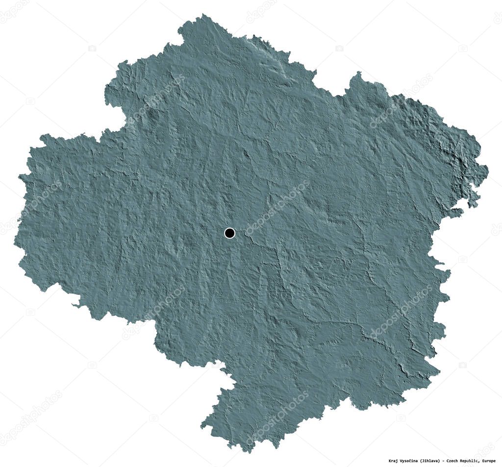 Shape of Kraj Vysocina, region of Czech Republic, with its capital isolated on white background. Colored elevation map. 3D rendering