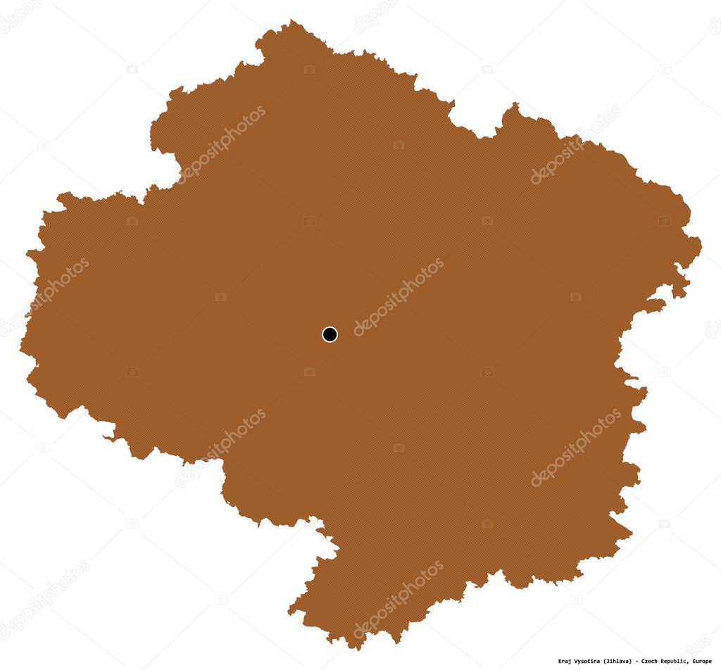 Shape of Kraj Vysocina, region of Czech Republic, with its capital isolated on white background. Composition of patterned textures. 3D rendering