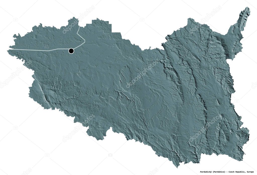 Shape of Pardubicky, region of Czech Republic, with its capital isolated on white background. Colored elevation map. 3D rendering