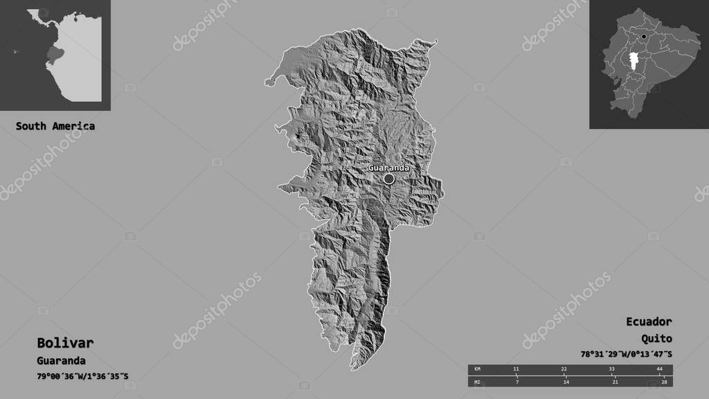 Forma de Bolívar, provincia de Ecuador, y su capital. Escala de