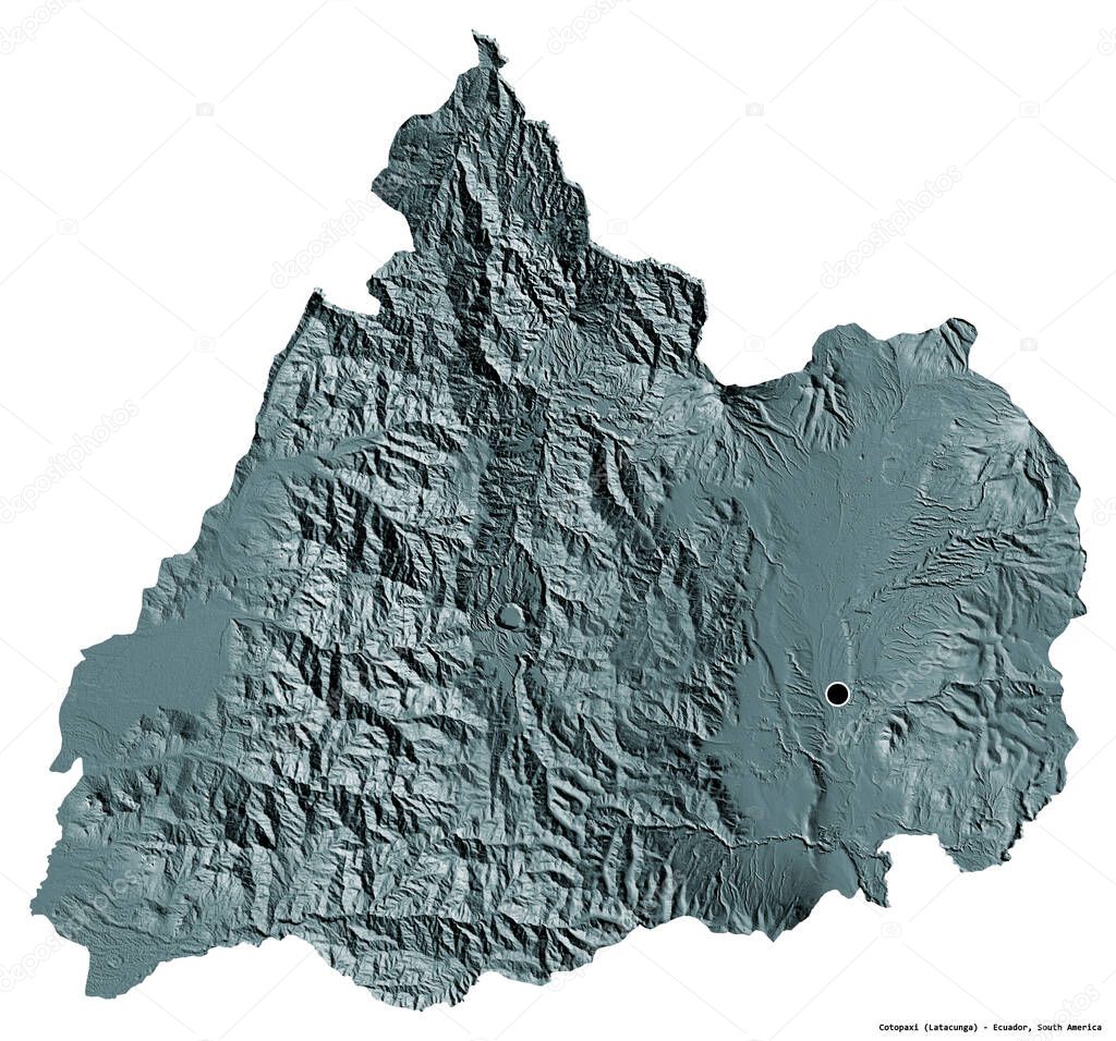 Shape of Cotopaxi, province of Ecuador, with its capital isolated on white background. Colored elevation map. 3D rendering