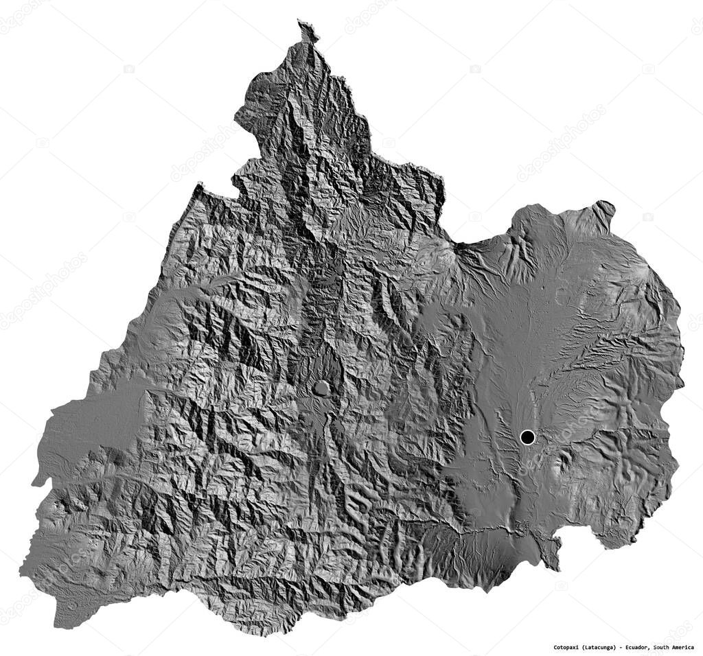 Shape of Cotopaxi, province of Ecuador, with its capital isolated on white background. Bilevel elevation map. 3D rendering