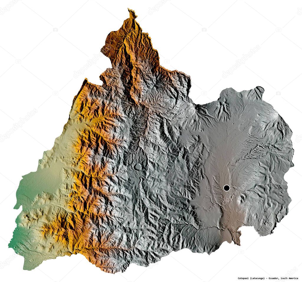 Shape of Cotopaxi, province of Ecuador, with its capital isolated on white background. Topographic relief map. 3D rendering
