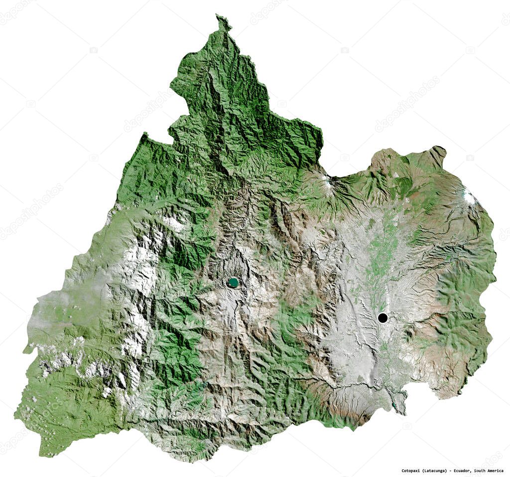 Shape of Cotopaxi, province of Ecuador, with its capital isolated on white background. Satellite imagery. 3D rendering