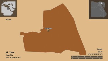 Al İsma 'nın şekli, Mısır valisi ve başkenti. Uzaklık ölçeği, ön gösterimler ve etiketler. Desenli dokuların bileşimi. 3B görüntüleme
