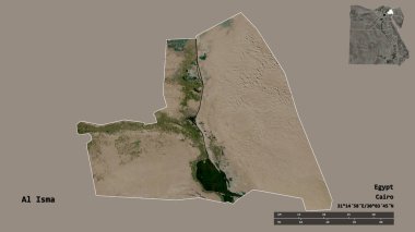 Mısır valisi Al Isma 'nın şekli, sermayesi sağlam arka planda izole edilmiş. Uzaklık ölçeği, bölge önizlemesi ve etiketleri. Uydu görüntüleri. 3B görüntüleme