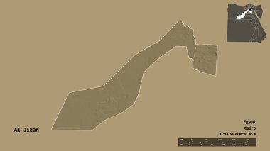 Mısır valisi Al Jizah 'ın şekli, başkenti sağlam bir arka planda izole edilmiş. Uzaklık ölçeği, bölge önizlemesi ve etiketleri. Renkli yükseklik haritası. 3B görüntüleme