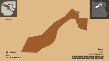 Mısır valisi Al Jizah 'ın şekli ve başkenti. Uzaklık ölçeği, ön gösterimler ve etiketler. Desenli dokuların bileşimi. 3B görüntüleme