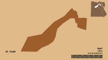 Mısır valisi Al Jizah 'ın şekli, başkenti sağlam bir arka planda izole edilmiş. Uzaklık ölçeği, bölge önizlemesi ve etiketleri. Desenli dokuların bileşimi. 3B görüntüleme