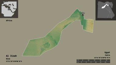 Mısır valisi Al Jizah 'ın şekli ve başkenti. Uzaklık ölçeği, ön gösterimler ve etiketler. Topografik yardım haritası. 3B görüntüleme