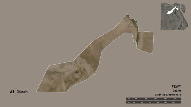 Mısır valisi Al Jizah 'ın şekli, başkenti sağlam bir arka planda izole edilmiş. Uzaklık ölçeği, bölge önizlemesi ve etiketleri. Uydu görüntüleri. 3B görüntüleme