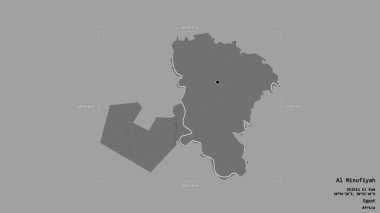 Al Minufiyah bölgesi, Mısır valisi, sağlam bir arka planda izole edilmiş bir sınır kutusunda. Etiketler. Çift seviyeli yükseklik haritası. 3B görüntüleme