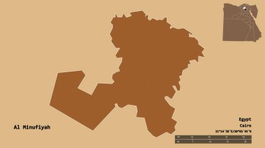 Mısır valisi Al Minufiyah 'ın şekli, başkenti sağlam bir zeminde izole edilmiş. Uzaklık ölçeği, bölge önizlemesi ve etiketleri. Desenli dokuların bileşimi. 3B görüntüleme