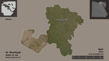 Al Minufiyah 'ın şekli, Mısır valisi ve başkenti. Uzaklık ölçeği, ön gösterimler ve etiketler. Uydu görüntüleri. 3B görüntüleme
