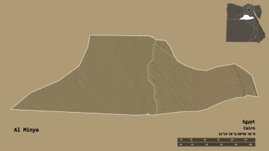 Mısır valisi Al Minya 'nın şekli, başkenti sağlam bir zeminde izole edilmiş. Uzaklık ölçeği, bölge önizlemesi ve etiketleri. Renkli yükseklik haritası. 3B görüntüleme