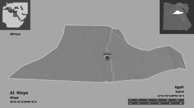 Al Minya 'nın şekli, Mısır valisi ve başkenti. Uzaklık ölçeği, ön gösterimler ve etiketler. Çift seviyeli yükseklik haritası. 3B görüntüleme