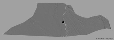 Mısır valisi Al Minya 'nın şekli, sermayesi koyu renk arka planda izole edilmiş. Çift seviyeli yükseklik haritası. 3B görüntüleme