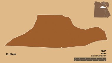 Mısır valisi Al Minya 'nın şekli, başkenti sağlam bir zeminde izole edilmiş. Uzaklık ölçeği, bölge önizlemesi ve etiketleri. Desenli dokuların bileşimi. 3B görüntüleme