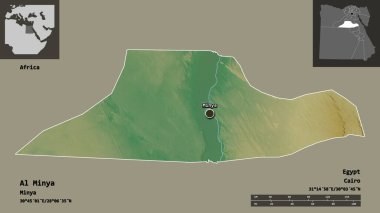 Al Minya 'nın şekli, Mısır valisi ve başkenti. Uzaklık ölçeği, ön gösterimler ve etiketler. Topografik yardım haritası. 3B görüntüleme