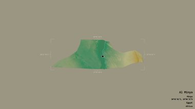 Al Minya bölgesi, Mısır valisi, jeoreferatlı bir sınır kutusunda sağlam bir arka planda izole edilmiş. Etiketler. Topografik yardım haritası. 3B görüntüleme