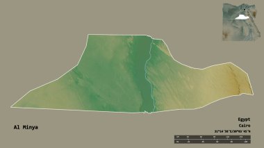 Mısır valisi Al Minya 'nın şekli, başkenti sağlam bir zeminde izole edilmiş. Uzaklık ölçeği, bölge önizlemesi ve etiketleri. Topografik yardım haritası. 3B görüntüleme