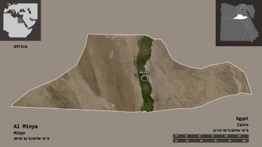 Al Minya 'nın şekli, Mısır valisi ve başkenti. Uzaklık ölçeği, ön gösterimler ve etiketler. Uydu görüntüleri. 3B görüntüleme