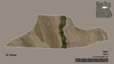 Mısır valisi Al Minya 'nın şekli, başkenti sağlam bir zeminde izole edilmiş. Uzaklık ölçeği, bölge önizlemesi ve etiketleri. Uydu görüntüleri. 3B görüntüleme
