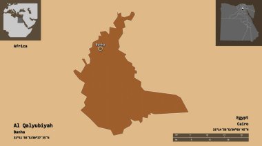 Mısır valisi ve başkenti El Kalyubiyah 'ın şekli. Uzaklık ölçeği, ön gösterimler ve etiketler. Desenli dokuların bileşimi. 3B görüntüleme