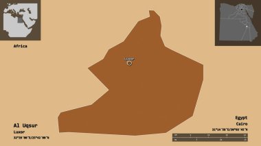 Al Uqsur 'un şekli, Mısır valisi ve başkenti. Uzaklık ölçeği, ön gösterimler ve etiketler. Desenli dokuların bileşimi. 3B görüntüleme