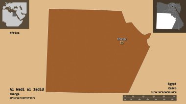 Al Wadi al Jadid 'in şekli, Mısır valisi ve başkenti. Uzaklık ölçeği, ön gösterimler ve etiketler. Desenli dokuların bileşimi. 3B görüntüleme