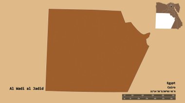 Mısır valisi Al Wadi al Jadid 'in şekli, başkenti sağlam bir arka planda izole edilmiş. Uzaklık ölçeği, bölge önizlemesi ve etiketleri. Desenli dokuların bileşimi. 3B görüntüleme