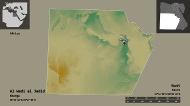 Al Wadi al Jadid 'in şekli, Mısır valisi ve başkenti. Uzaklık ölçeği, ön gösterimler ve etiketler. Topografik yardım haritası. 3B görüntüleme