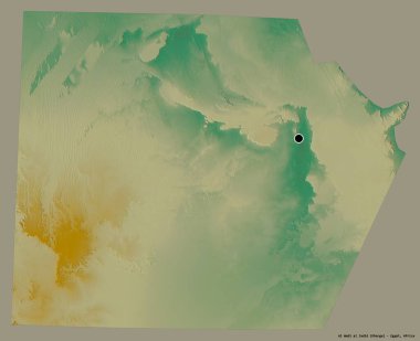 Mısır valisi Al Wadi al Jadid 'in şekli, başkenti sağlam bir renk arka planına izole edilmiş. Topografik yardım haritası. 3B görüntüleme