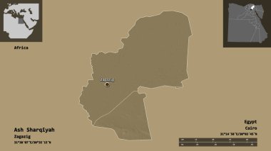 Mısır Valisi ve başkenti Ash Sharqiyah 'ın sureti. Uzaklık ölçeği, ön gösterimler ve etiketler. Renkli yükseklik haritası. 3B görüntüleme