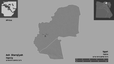 Mısır Valisi ve başkenti Ash Sharqiyah 'ın sureti. Uzaklık ölçeği, ön gösterimler ve etiketler. Çift seviyeli yükseklik haritası. 3B görüntüleme