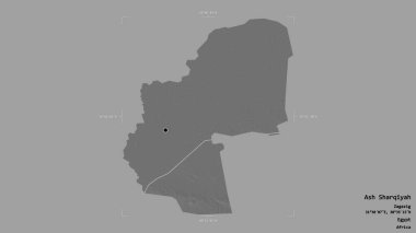 Ash Sharqiyah 'ın bölgesi, Mısır Valisi, katı bir arka planda izole edilmiş bir sınır kutusunda. Etiketler. Çift seviyeli yükseklik haritası. 3B görüntüleme