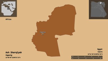 Mısır Valisi ve başkenti Ash Sharqiyah 'ın sureti. Uzaklık ölçeği, ön gösterimler ve etiketler. Desenli dokuların bileşimi. 3B görüntüleme