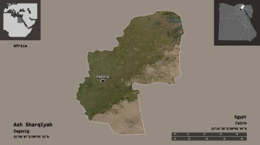 Mısır Valisi ve başkenti Ash Sharqiyah 'ın sureti. Uzaklık ölçeği, ön gösterimler ve etiketler. Uydu görüntüleri. 3B görüntüleme